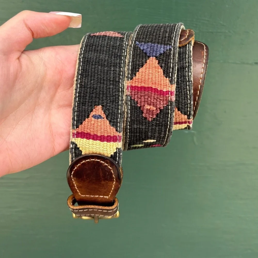 Mens Vintage Western Woven Mayan Textile Leather Belt Brass Buckle Preppy Gorp